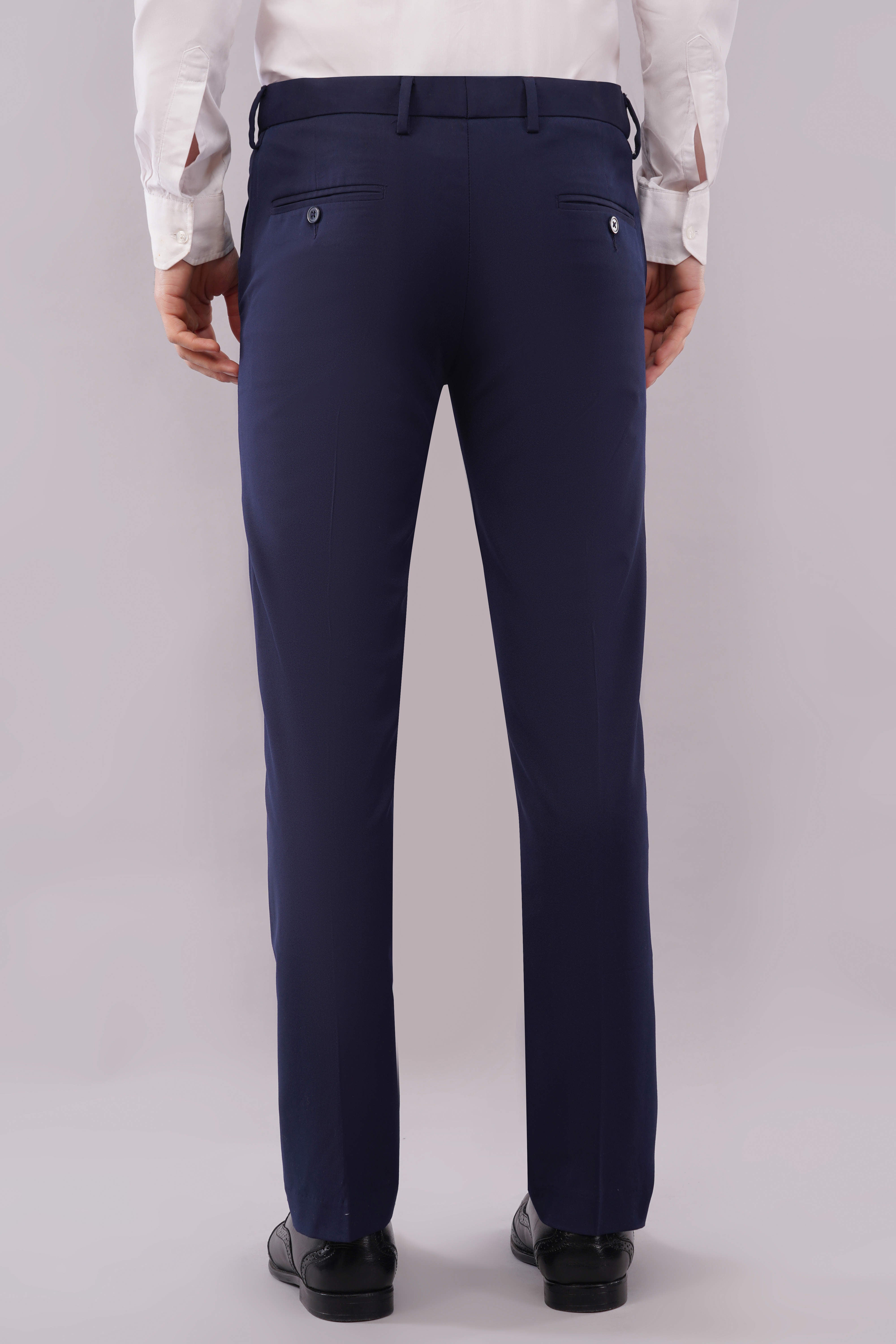 4 way flexible formal pants in navy blue color and lycra fabric