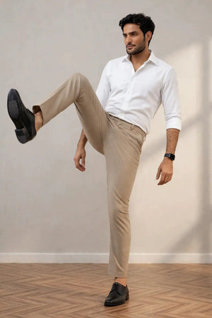 4 way beige flexi waist pant for men