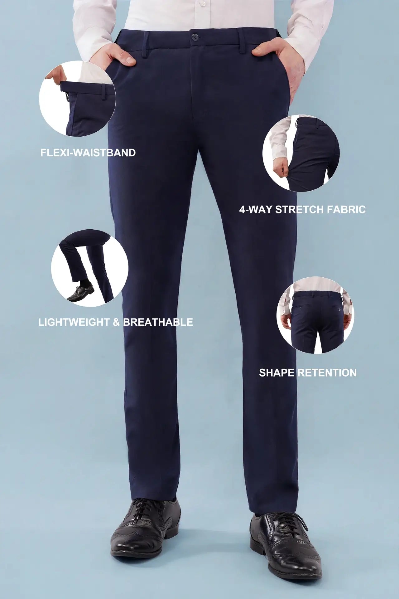 navy blue 4 way pant ultra stretch features