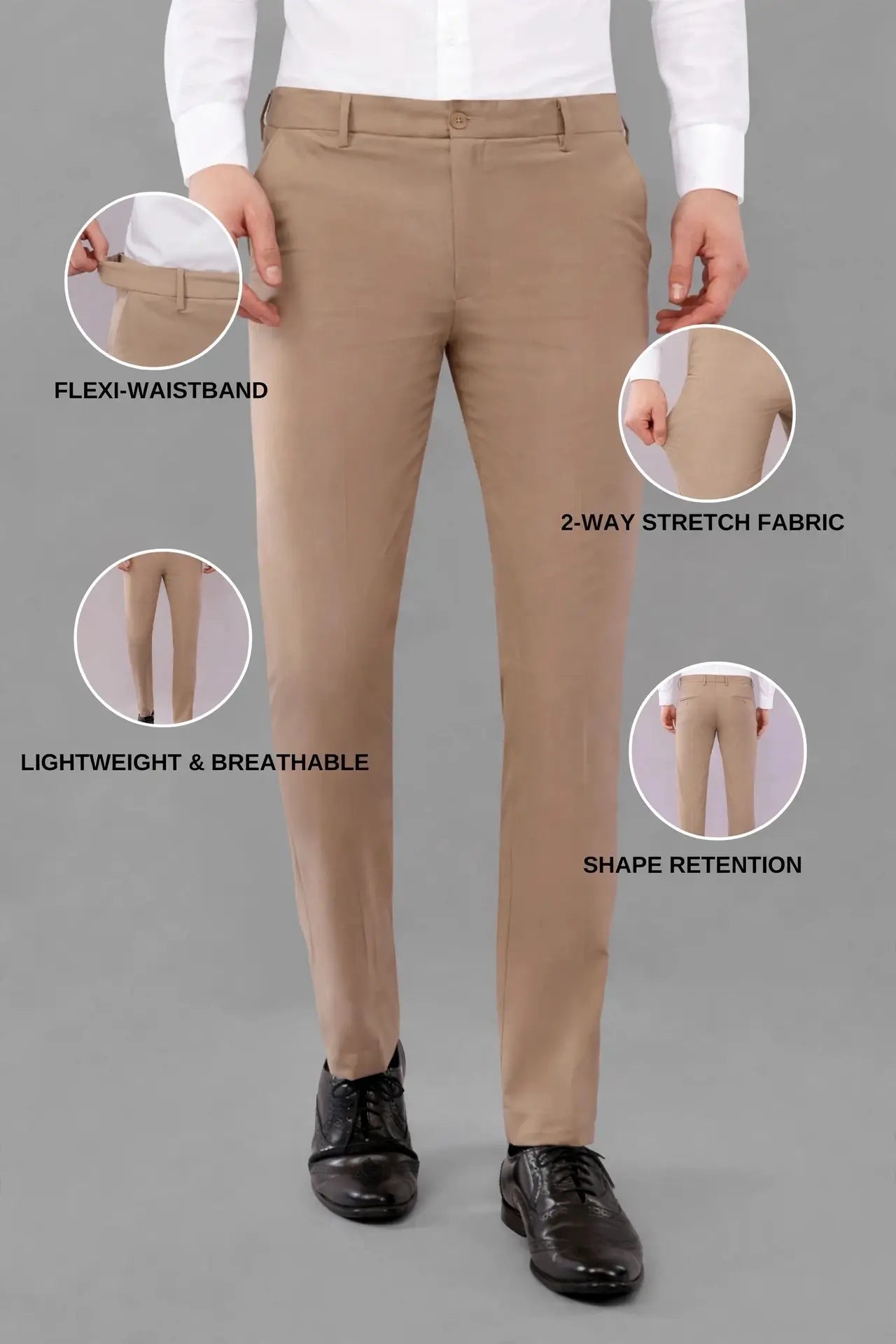 2 way lycra beige stretch pant features